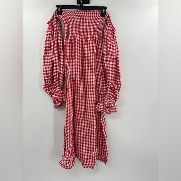 Sleeper Atlanta Linen Gingham Midi Dress Off Shoulder Red - Picture 9 of 10